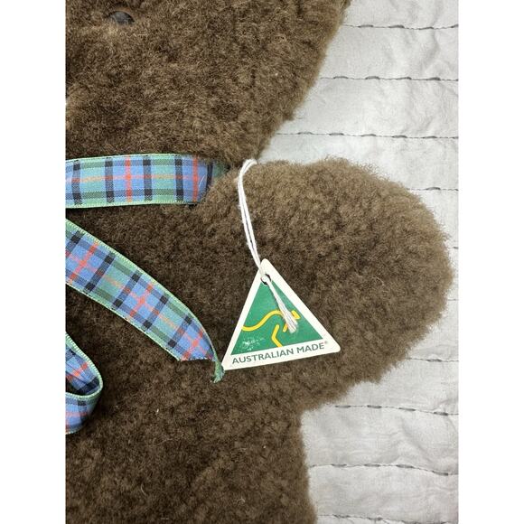 Sheepskin Flat Style Teddy Bear Brown Plaid Bow Australia Tambo Teddies Wool - Picture 2 of 8